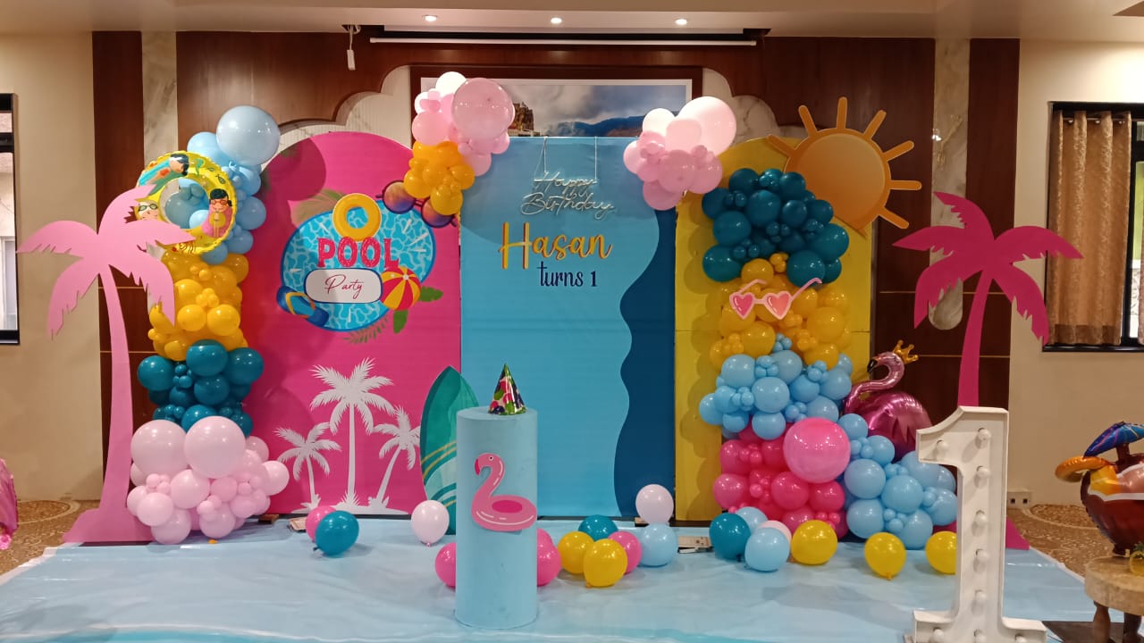 Pool party theme birthday balloon decoration Chennai