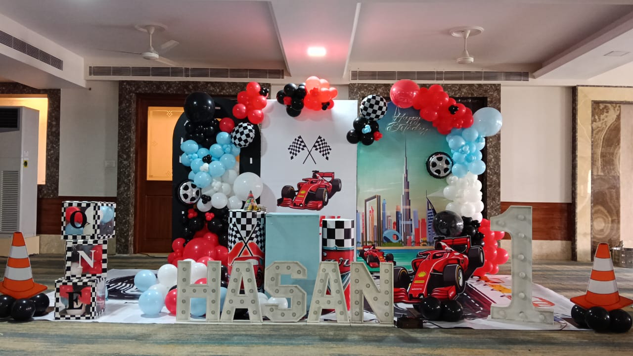 Formula racing themed birthday balloon backdrop